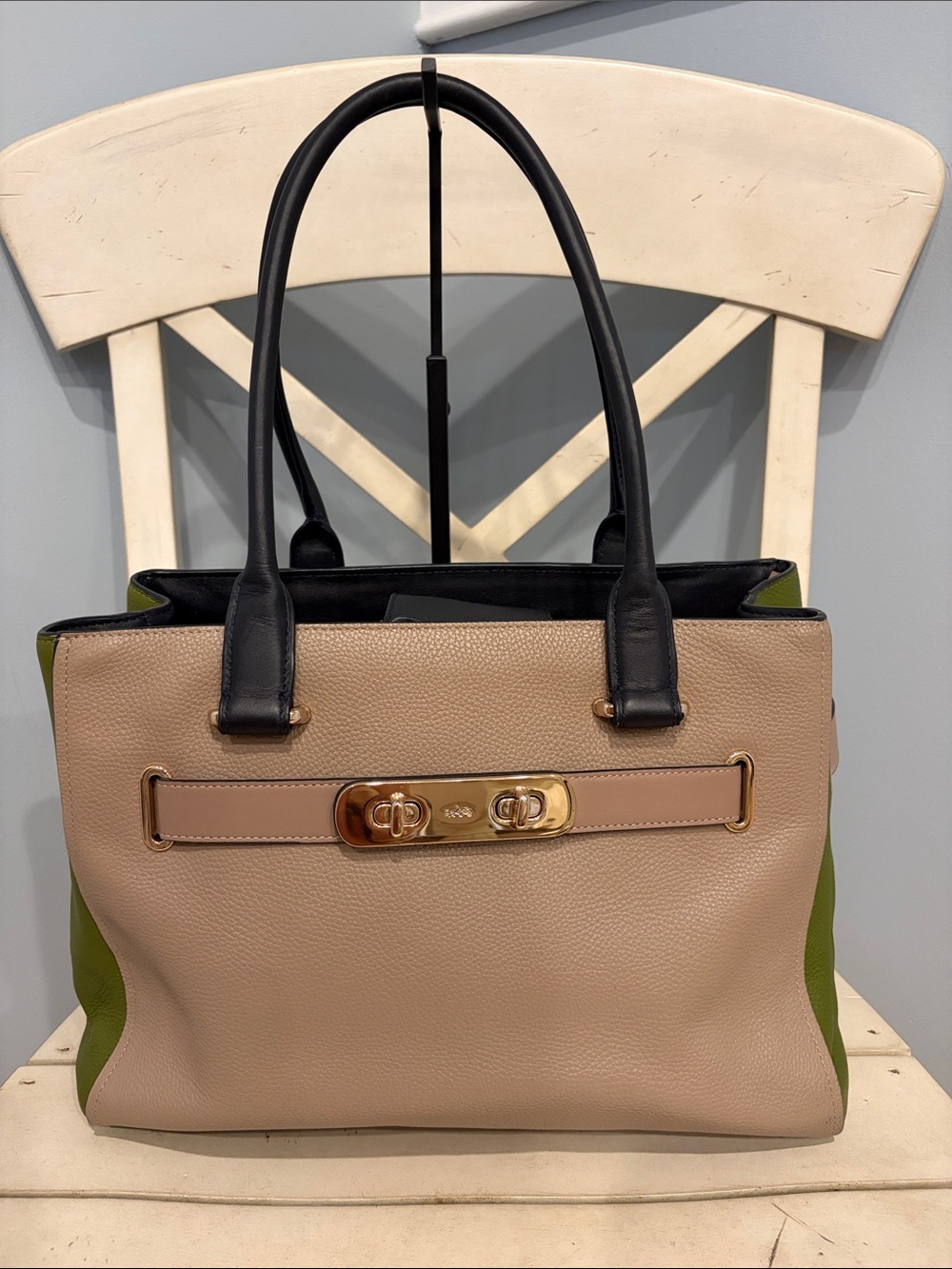 Coach Swagger Carryall Colorblock Stone and Green Leather Tote with Navy Handles